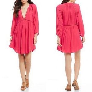 Free People Go Lightly Swing Dress Hot Pink Plunge V Neck Mini Dress